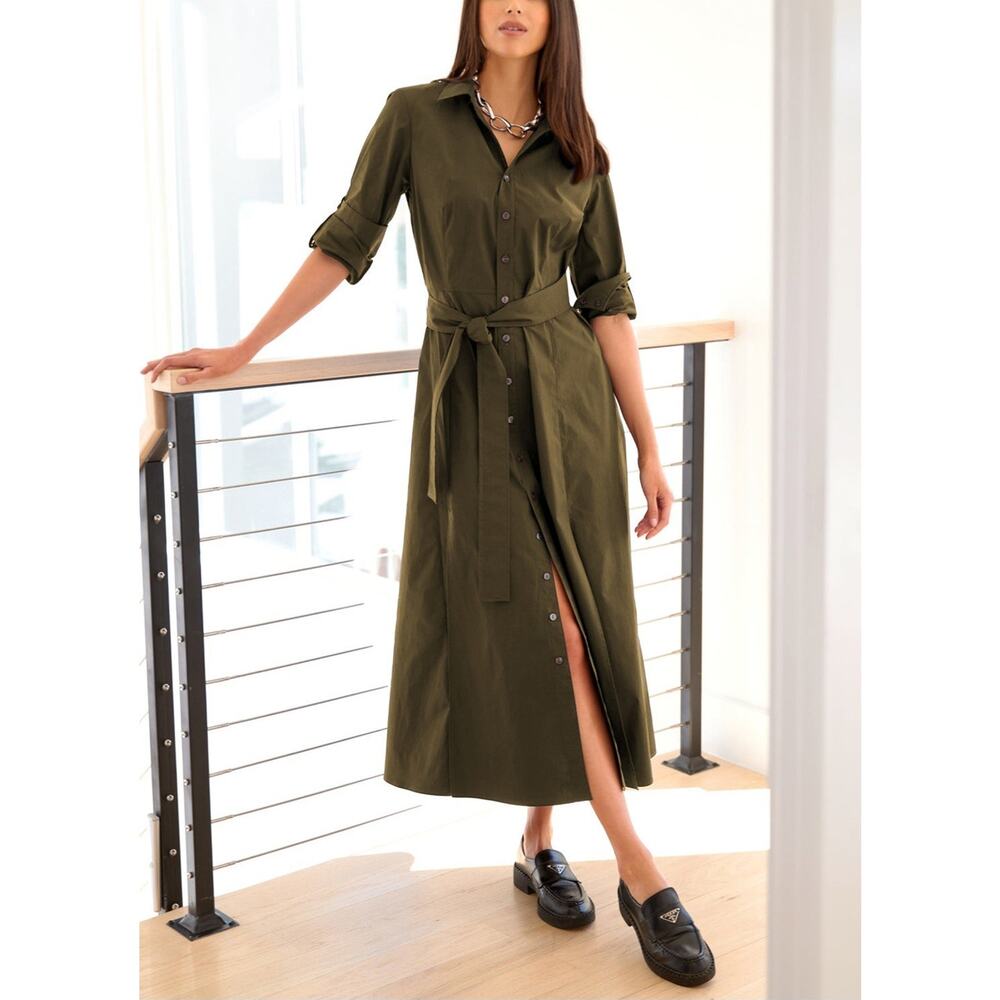 Finley Shirt Dress XS Olive Green Button Front Midi Maxi Roll Tab Sleeve